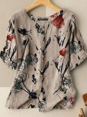 LUNE Women's Summer Holiday Casual Floral Print Casual Fit Short Sleeve Round Neck Shirt