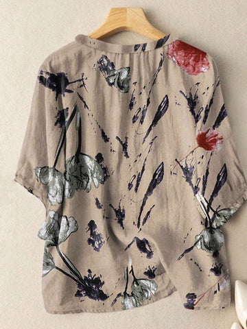 LUNE Women's Summer Holiday Casual Floral Print Casual Fit Short Sleeve Round Neck Shirt