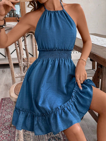 Women's Summer Holiday Solid Color Mesh Texture Waist Drawstring Halter Neck Short Dress
