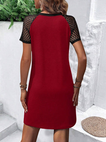 Women's Summer Lace Patchwork Short Sleeve Shift Casual Dress With Raglan Sleeve