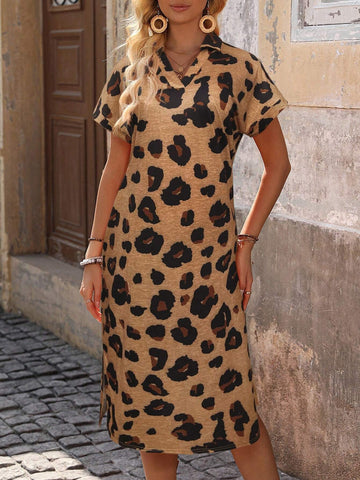 Women's Summer Leopard Print Short Puff Sleeve Casual Long Dress