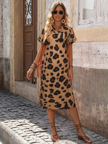 Women's Summer Leopard Print Short Puff Sleeve Casual Long Dress