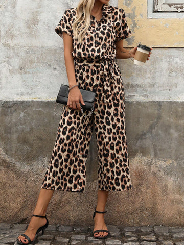 Women's Summer Leopard Print Short Sleeve Jumpsuit