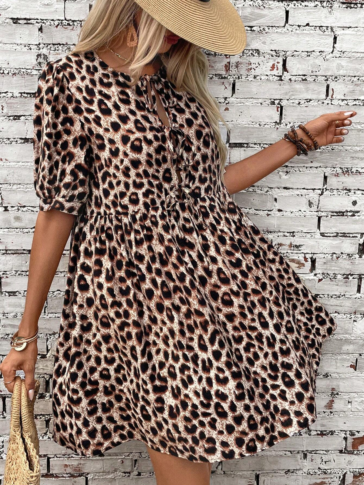 Women's Summer Leopard Print Strap Ruffle Hem Babydoll Dress