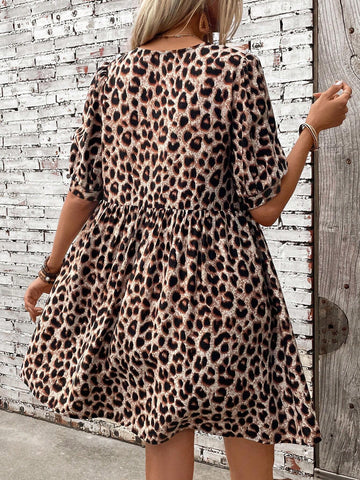 Women's Summer Leopard Print Strap Ruffle Hem Babydoll Dress