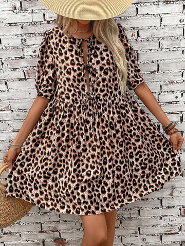 Women's Summer Leopard Print Strap Ruffle Hem Babydoll Dress