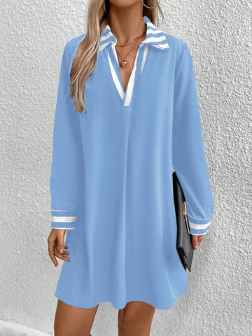 Women's Summer Loose Casual Long Sleeve Contrast Striped Dress