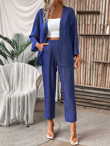 Women's Summer Loose Casual Long Sleeve Top + Carrot-Shaped Pants Denim-Look Two-Piece Set