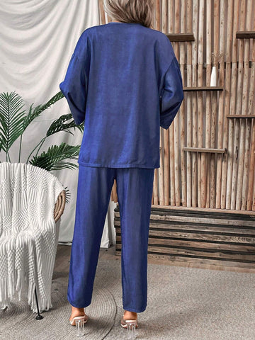 Women's Summer Loose Casual Long Sleeve Top + Carrot-Shaped Pants Denim-Look Two-Piece Set