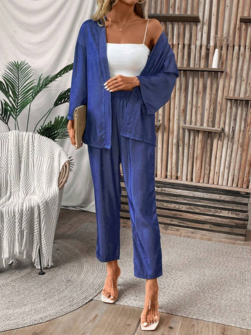 Women's Summer Loose Casual Long Sleeve Top + Carrot-Shaped Pants Denim-Look Two-Piece Set