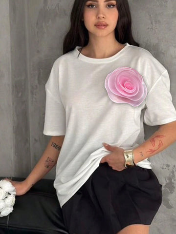 Women's Summer Loose Round Neck T-Shirt With Oversized Sleeves And 3D Flower Decoration