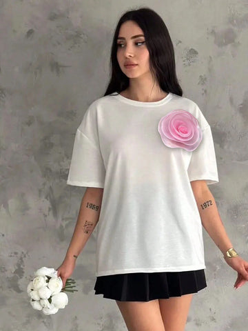 Women's Summer Loose Round Neck T-Shirt With Oversized Sleeves And 3D Flower Decoration