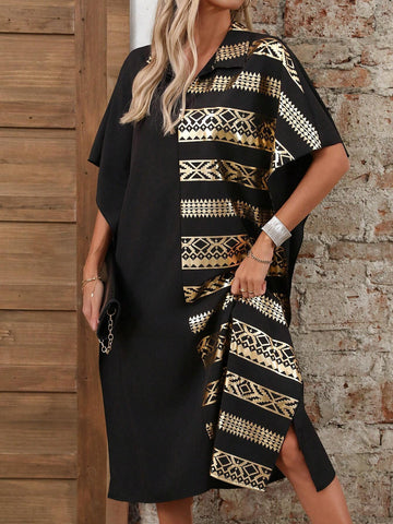 Women's Summer Loose Straight Bat Sleeve Dress With Gold Foil Geometric Print (Random Pattern)