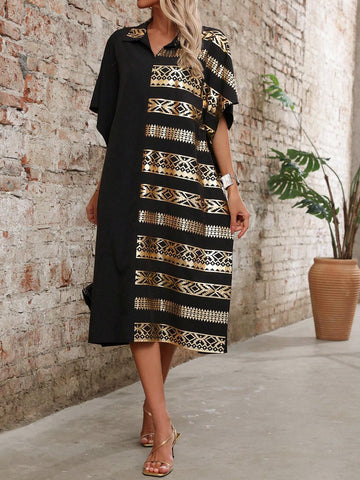 Women's Summer Loose Straight Bat Sleeve Dress With Gold Foil Geometric Print (Random Pattern)