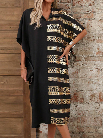 Women's Summer Loose Straight Bat Sleeve Dress With Gold Foil Geometric Print (Random Pattern)
