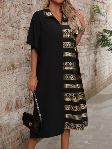 Women's Summer Loose Straight Bat Sleeve Dress With Gold Foil Geometric Print (Random Pattern)