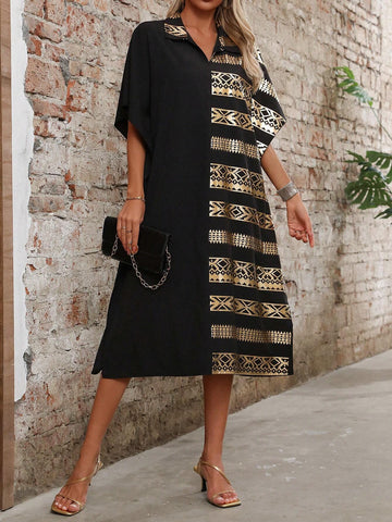 Women's Summer Loose Straight Bat Sleeve Dress With Gold Foil Geometric Print (Random Pattern)