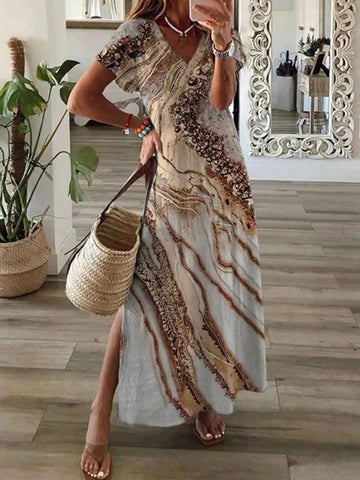 Women's Summer Marble Printed V-Neck Short Sleeve Casual Dress