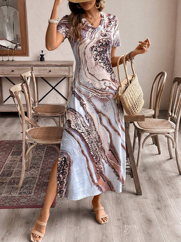 Women's Summer Marble Printed V-Neck Short Sleeve Casual Dress