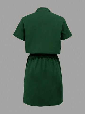 Women's Summer Military Green Cargo Shirt Dress With Multiple Pockets, Short Bodycon