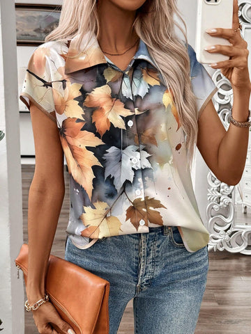 LUNE Women's Summer Oversized Drop Shoulder Open Front Leaves Printed Vintage Shirt With H-Shaped Cut