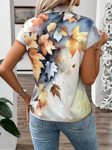 LUNE Women's Summer Oversized Drop Shoulder Open Front Leaves Printed Vintage Shirt With H-Shaped Cut