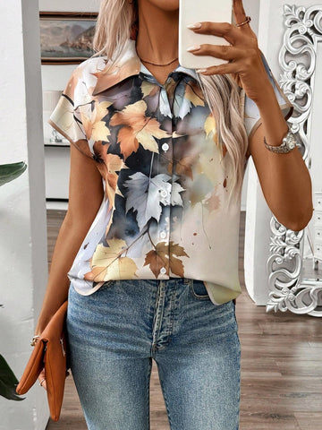 LUNE Women's Summer Oversized Drop Shoulder Open Front Leaves Printed Vintage Shirt With H-Shaped Cut