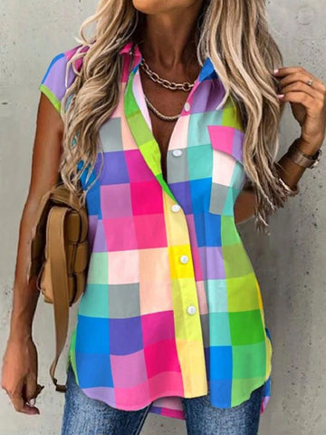 LUNE Women's Summer Plaid Short Sleeve Casual Utility Shirt With Pockets