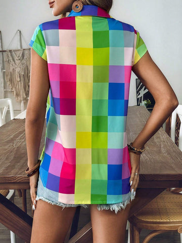 LUNE Women's Summer Plaid Short Sleeve Casual Utility Shirt With Pockets