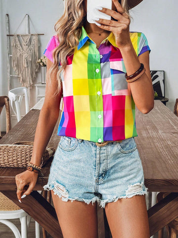 LUNE Women's Summer Plaid Short Sleeve Casual Utility Shirt With Pockets