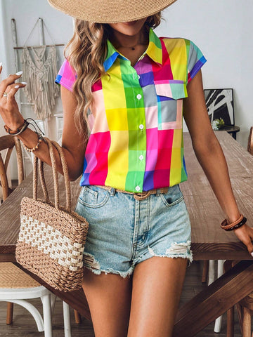 LUNE Women's Summer Plaid Short Sleeve Casual Utility Shirt With Pockets