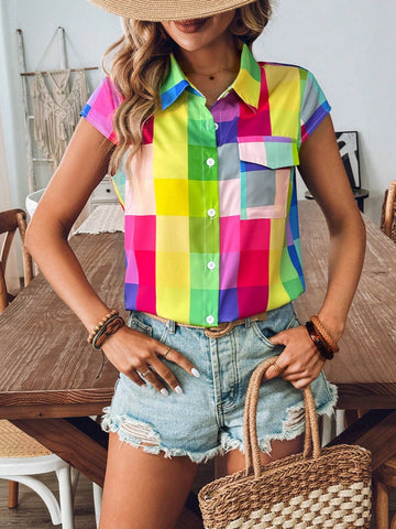 LUNE Women's Summer Plaid Short Sleeve Casual Utility Shirt With Pockets