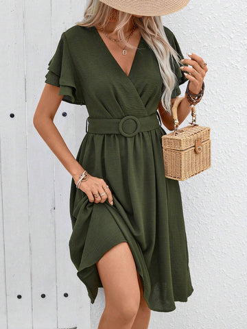 Women's Summer Plain Color Overlapping V-Neck Elegant Ruffle Short Sleeve Dress