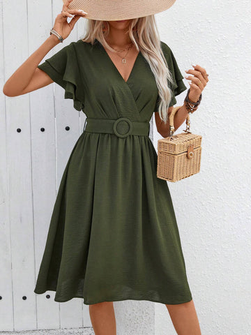 Women's Summer Plain Color Overlapping V-Neck Elegant Ruffle Short Sleeve Dress