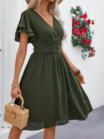 Women's Summer Plain Color Overlapping V-Neck Elegant Ruffle Short Sleeve Dress