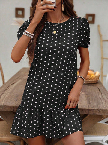 Women's Summer Polka Dot Printed Round Neck Short Puff Sleeve Straight Dress