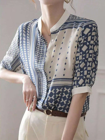 LUNE Women's Summer Round Neck Blue And White Geometric Printed Shirt With Patchwork