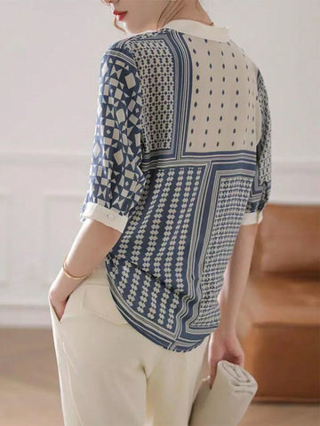 LUNE Women's Summer Round Neck Blue And White Geometric Printed Shirt With Patchwork