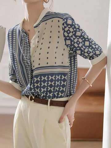 LUNE Women's Summer Round Neck Blue And White Geometric Printed Shirt With Patchwork