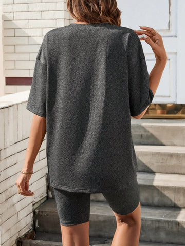 Women's Summer Round Neck Letter Printed T-Shirt And Cycling Shorts Leisure Comfortable Sportswear Set