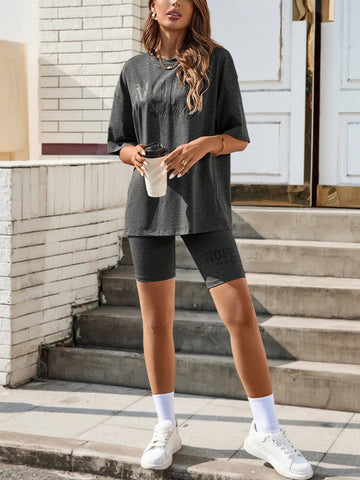 Women's Summer Round Neck Letter Printed T-Shirt And Cycling Shorts Leisure Comfortable Sportswear Set