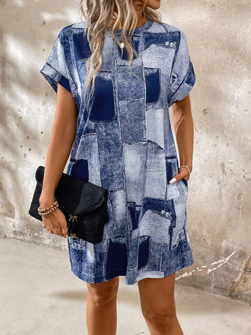 Women's Summer Round Neck Off-Shoulder Short Sleeve Denim Effect Dress With Two Pockets