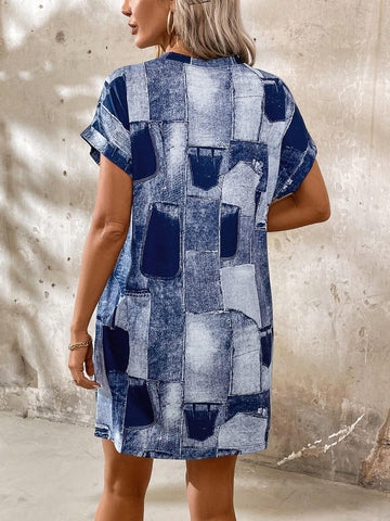 Women's Summer Round Neck Off-Shoulder Short Sleeve Denim Effect Dress With Two Pockets