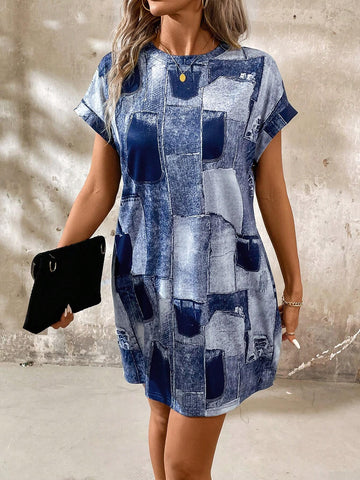 Women's Summer Round Neck Off-Shoulder Short Sleeve Denim Effect Dress With Two Pockets