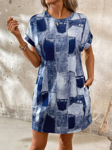 Women's Summer Round Neck Off-Shoulder Short Sleeve Denim Effect Dress With Two Pockets