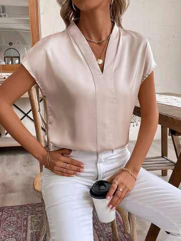 LUNE Women's Summer Satin V-Neck Batwing Short Sleeve Elegant Solid Color Blouse