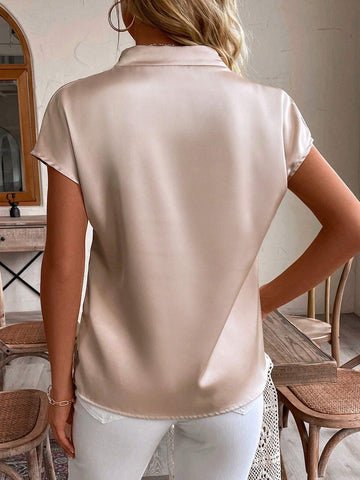 LUNE Women's Summer Satin V-Neck Batwing Short Sleeve Elegant Solid Color Blouse