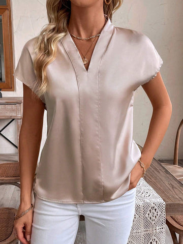 LUNE Women's Summer Satin V-Neck Batwing Short Sleeve Elegant Solid Color Blouse