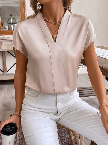 LUNE Women's Summer Satin V-Neck Batwing Short Sleeve Elegant Solid Color Blouse