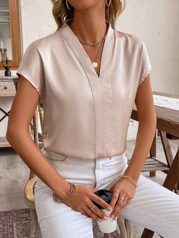 LUNE Women's Summer Satin V-Neck Batwing Short Sleeve Elegant Solid Color Blouse